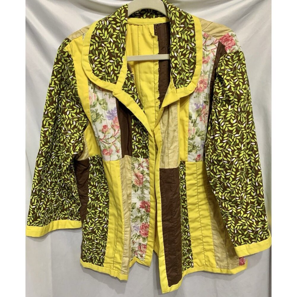 Handmade Jacket XL? Floral Solid Yellow Brown Unlined Patchwork Boho 3/4 Sleeve